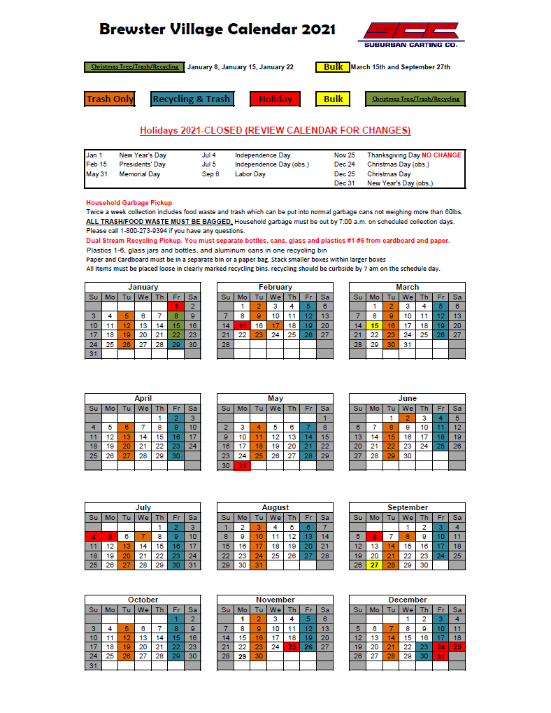 2021 Suburban Carting Calendar