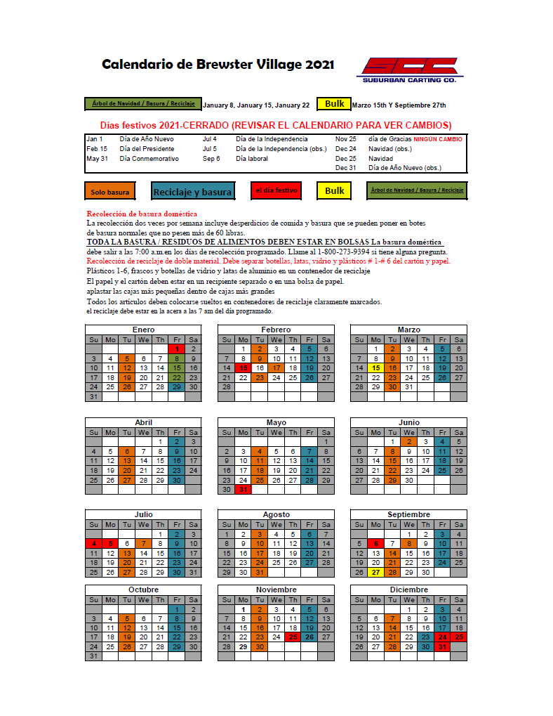 2021 Suburban Carting Calendar SPANISH