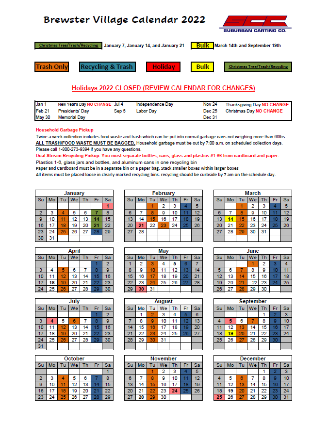 2022 Suburban Carting Calendar
