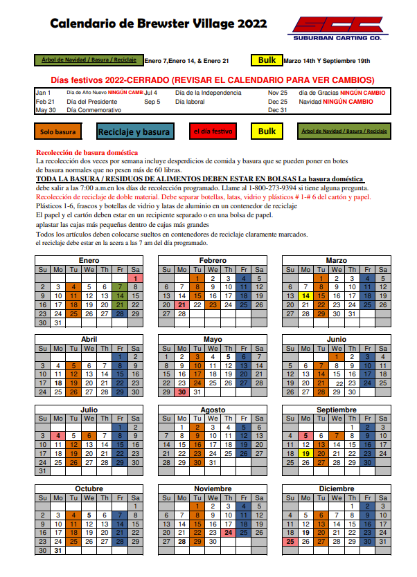2022 Suburban Carting Calendar SPANISH