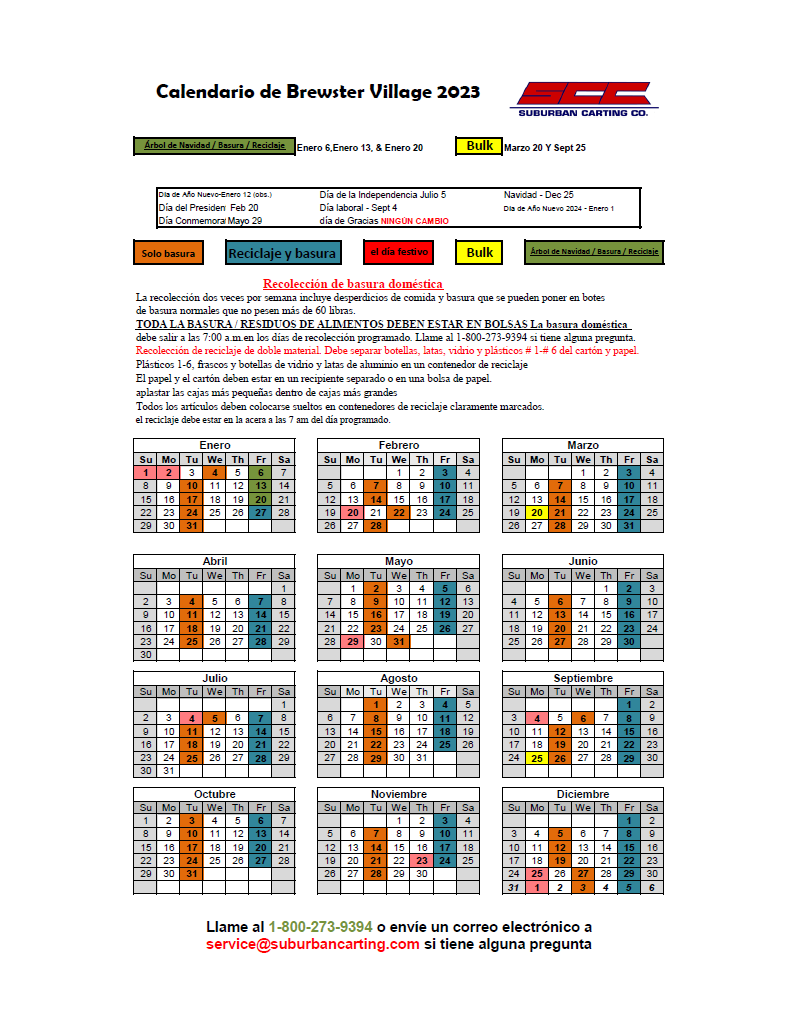 2023 Suburban Carting Calendar SPANISH